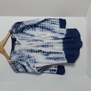 Bohemian Cafe Women's Blue White Tye Dye W/ Crochet Accent Top, M